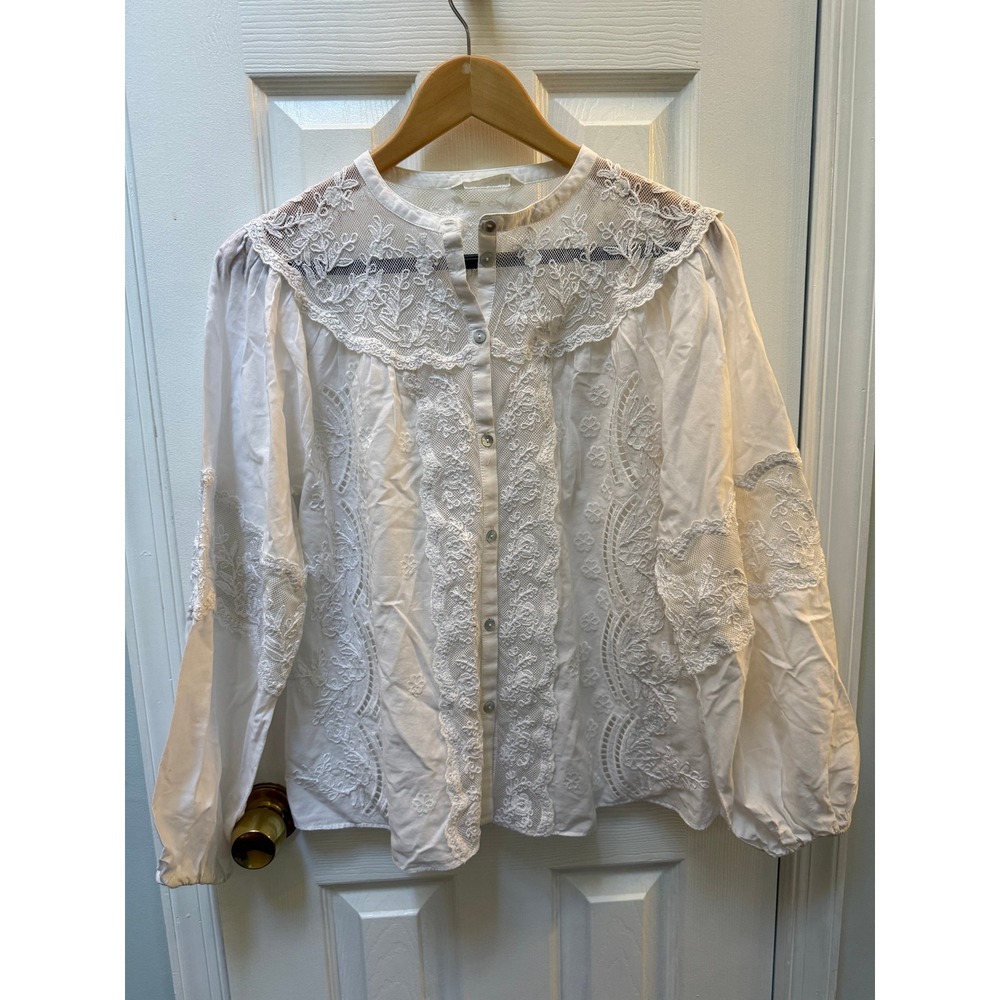 Zara White Embroidered Lace Button Down Blouse Long Sleeve Boho Cottagecore S